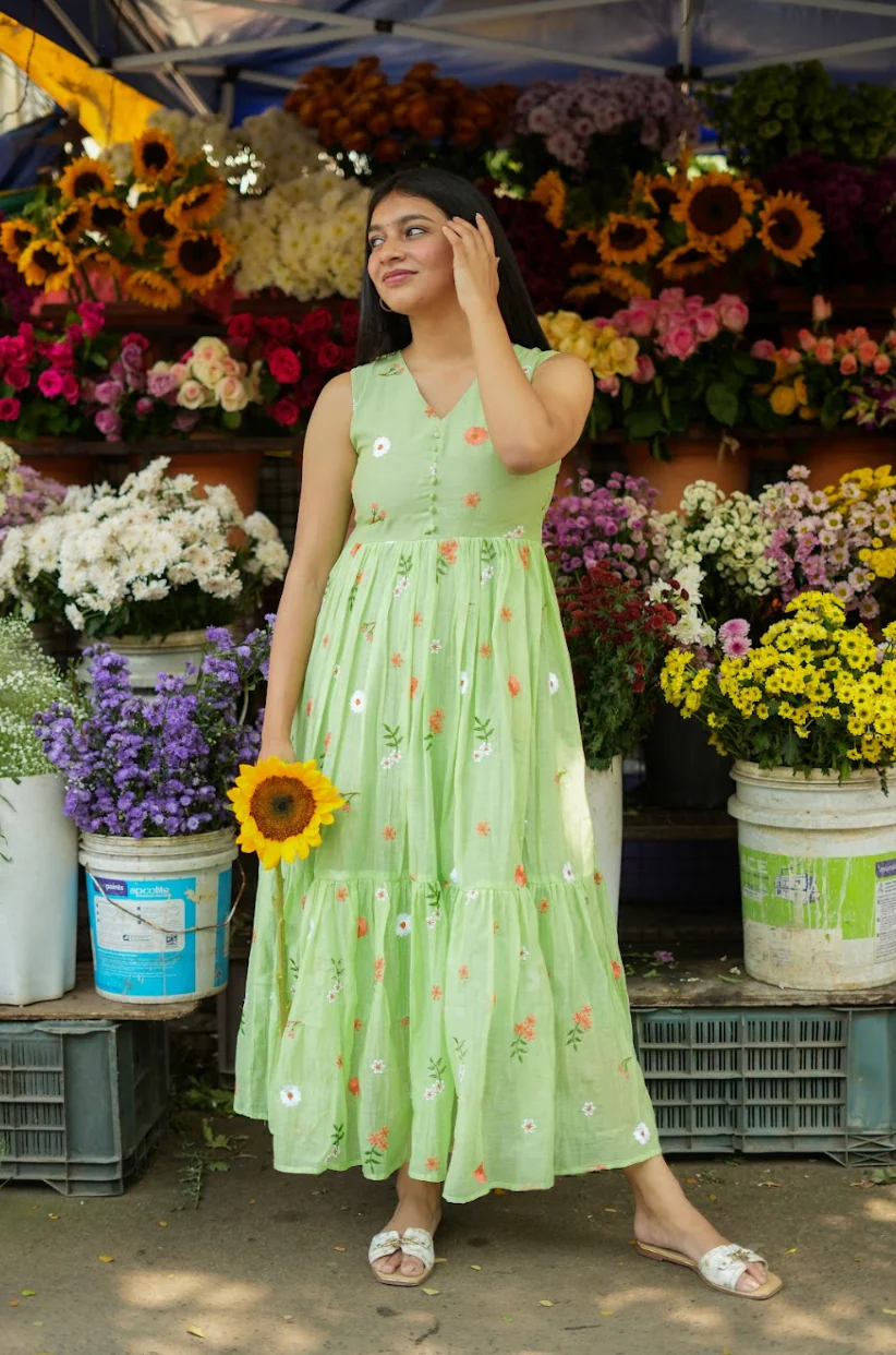 AYANA -Summer'26 (Green  Floral embroidered dress) VC736 - Image 2